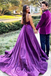 V Neck Backless Purple AQ Line Satin Long Prom Dress with High Slit DM1966